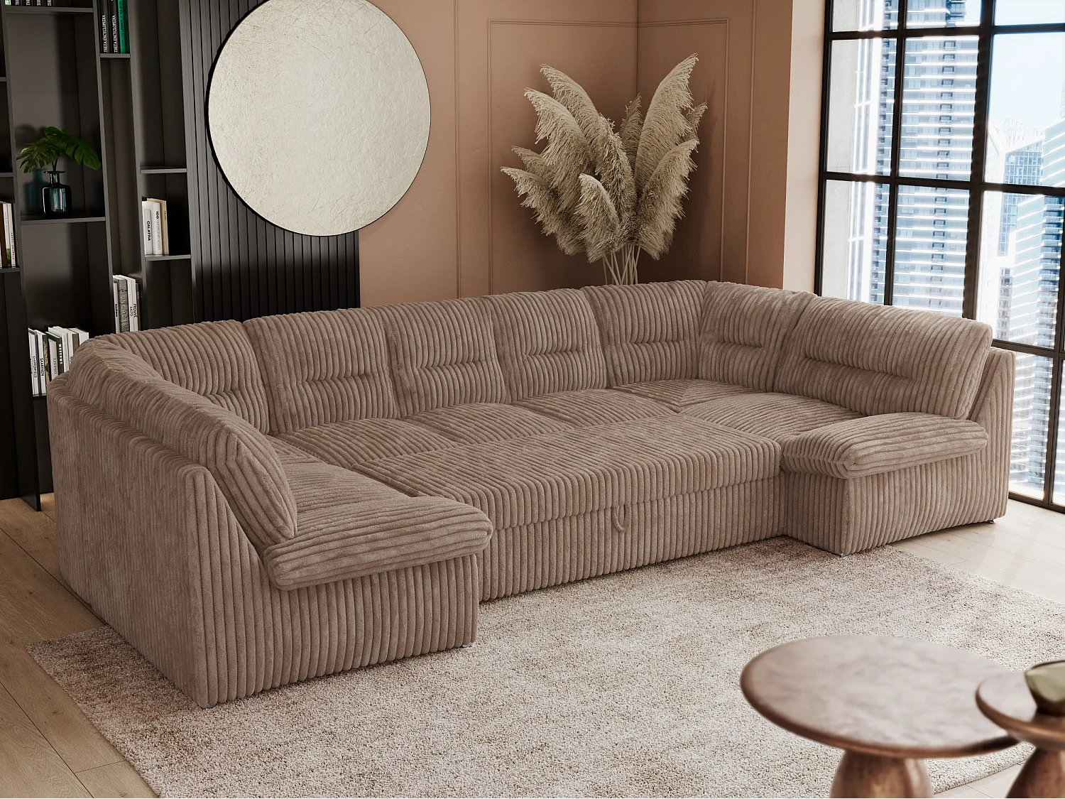 Ecksofa COMODO U, Große Wohnlandschaft, mit Schlaffunktion - Braun Cord