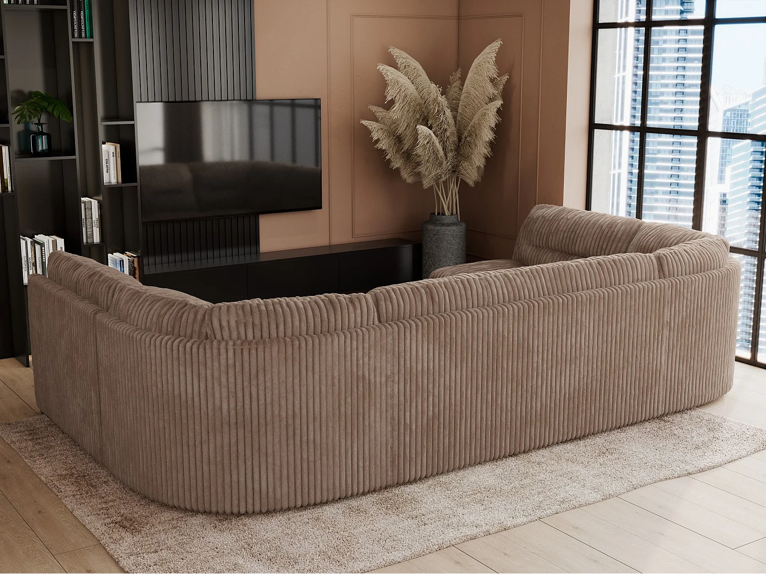 Ecksofa COMODO U, Große Wohnlandschaft, mit Schlaffunktion - Braun Cord
