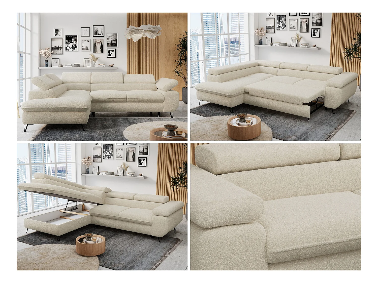 Ecksofa PETER verstellbare Kopfstütze, schlaffunktion - Beige Boucle - Ecke Links