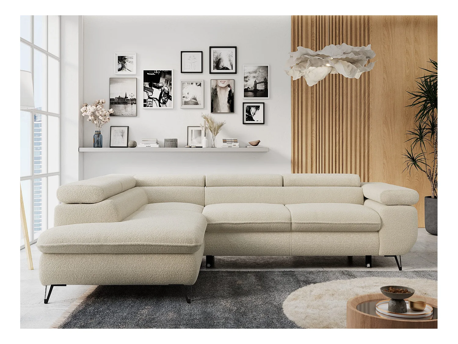 Ecksofa PETER verstellbare Kopfstütze, schlaffunktion - Beige Boucle - Ecke Links