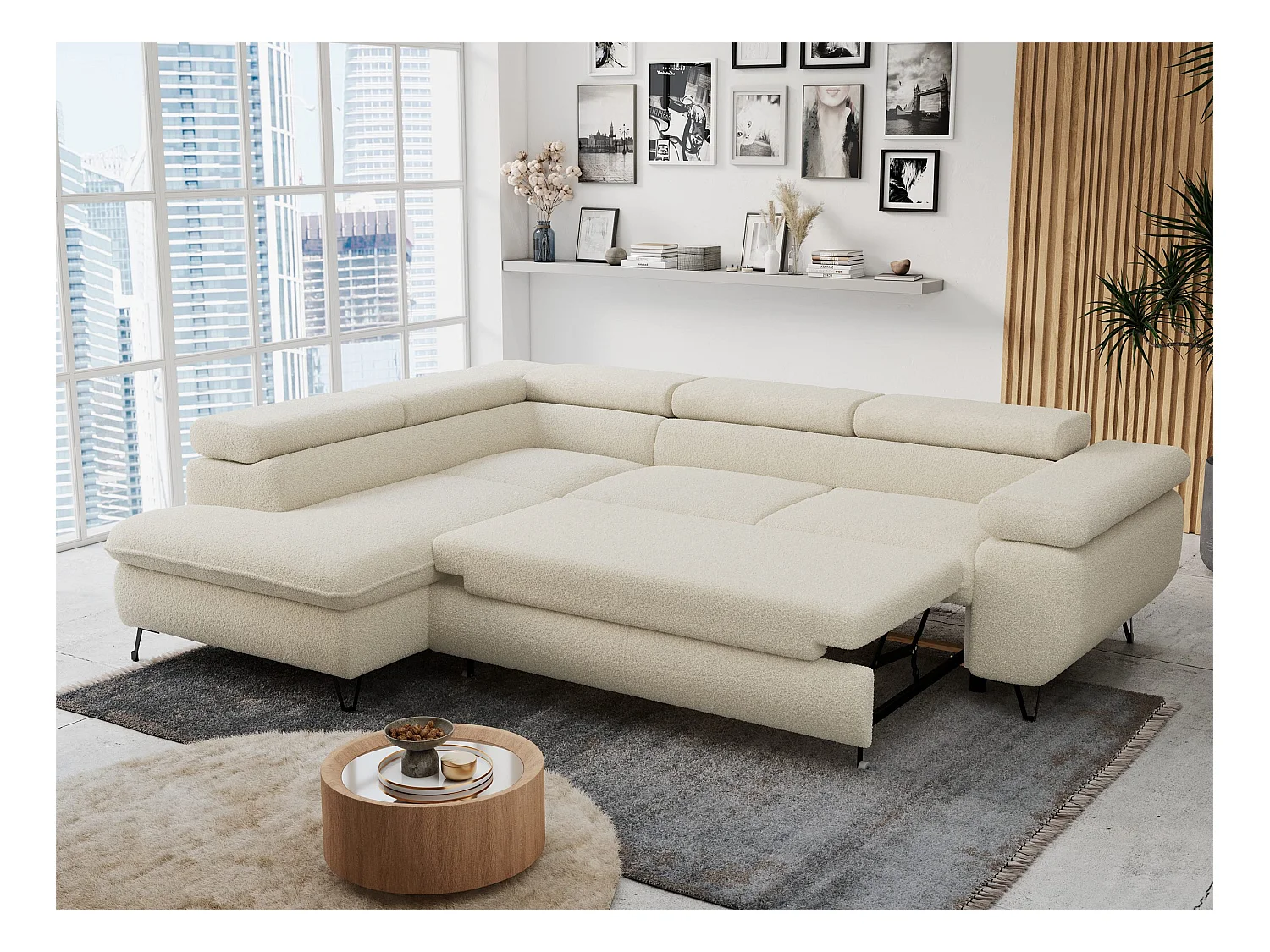 Ecksofa PETER verstellbare Kopfstütze, schlaffunktion - Beige Boucle - Ecke Links