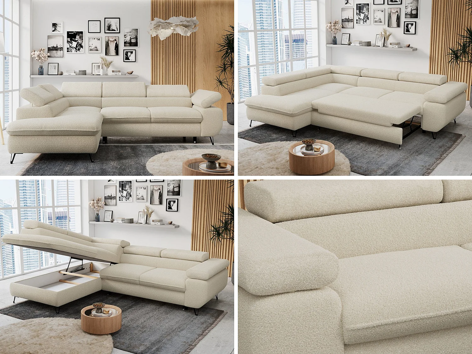 Ecksofa PETER verstellbare Kopfstütze, schlaffunktion - Beige Boucle - Ecke Links