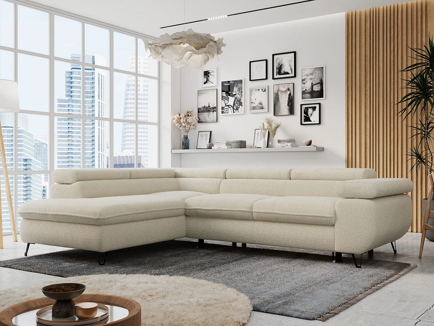 Ecksofa PETER verstellbare Kopfstütze, schlaffunktion - Beige Boucle - Ecke Links