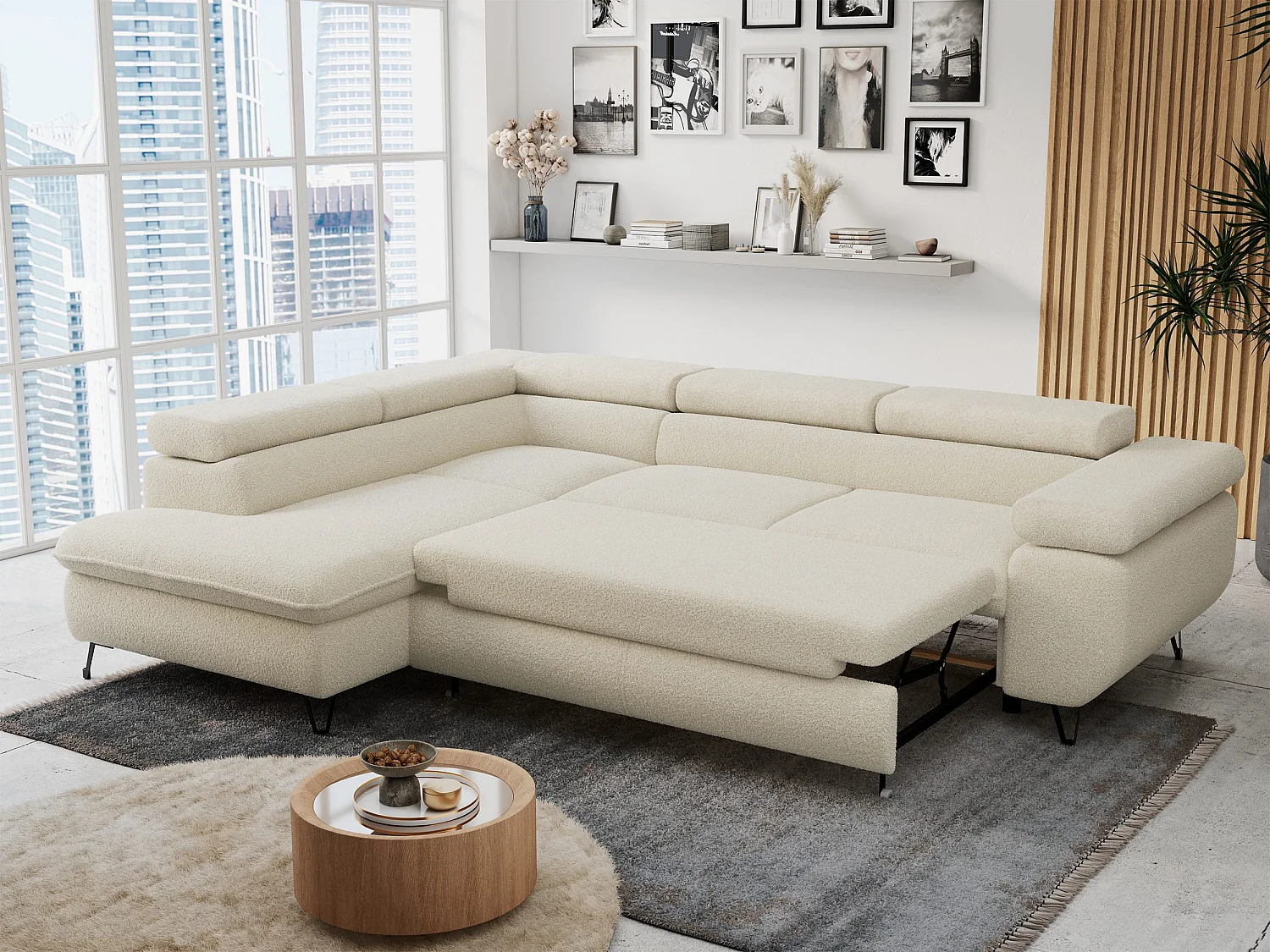 Ecksofa PETER verstellbare Kopfstütze, schlaffunktion - Beige Boucle - Ecke Links