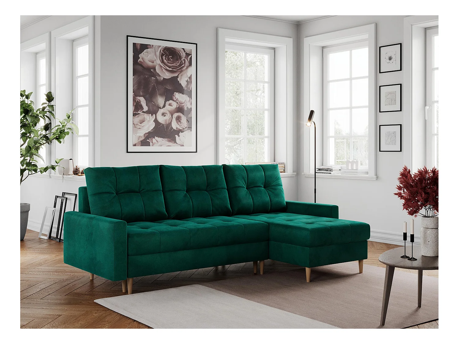 Ecksofa COLIN - gesteppte Sitzfläche, mit Schlaffunktion - Dunkelgrün Velvet