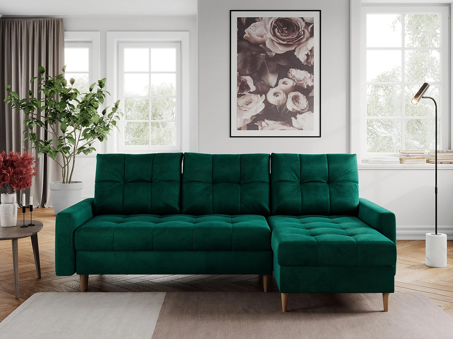 Ecksofa COLIN - gesteppte Sitzfläche, mit Schlaffunktion - Dunkelgrün Velvet