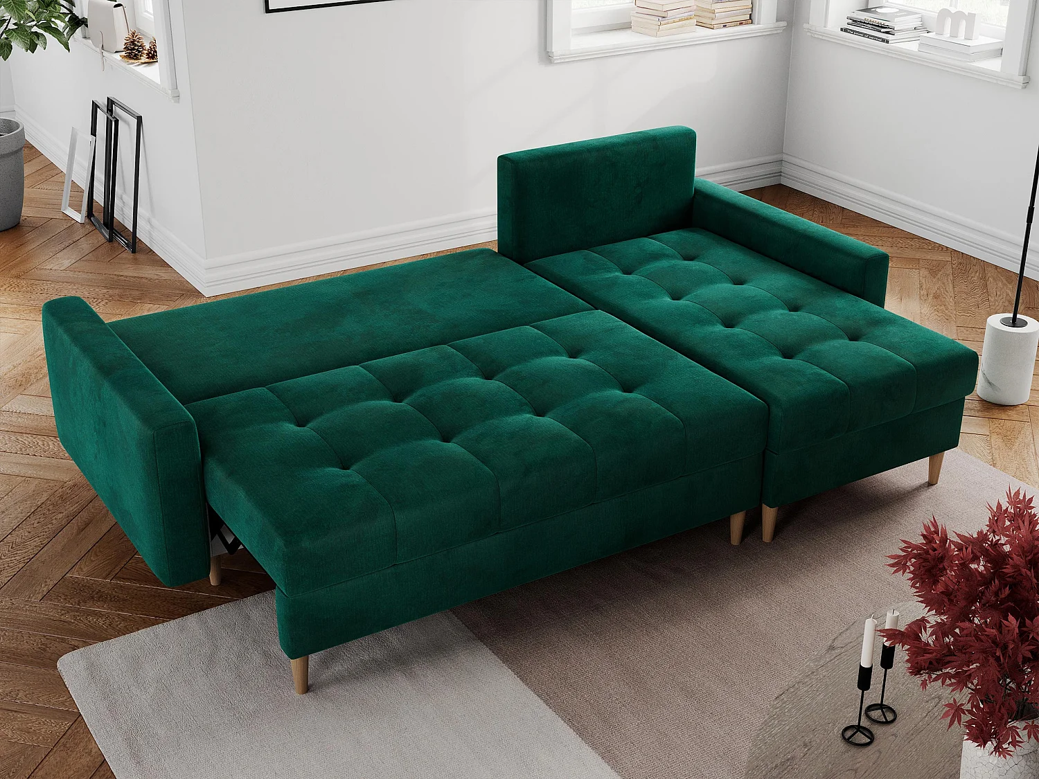 Ecksofa COLIN - gesteppte Sitzfläche, mit Schlaffunktion - Dunkelgrün Velvet