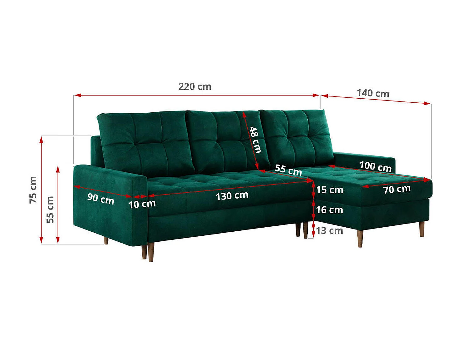 Ecksofa COLIN - gesteppte Sitzfläche, mit Schlaffunktion - Dunkelgrün Velvet