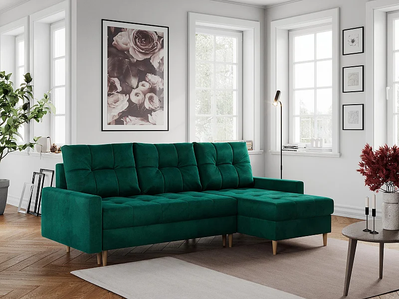 Ecksofa COLIN - gesteppte Sitzfläche, mit Schlaffunktion - Dunkelgrün Velvet