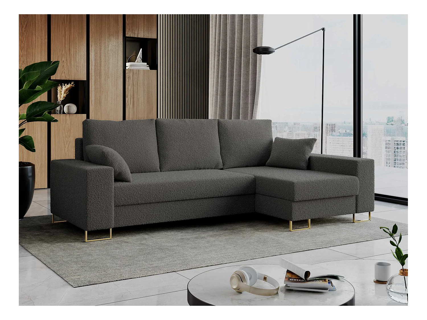 Ecksofa DORIAN - schlaffunktion und Bettkasten, lose Kissen - Dunkelgrau Boucle