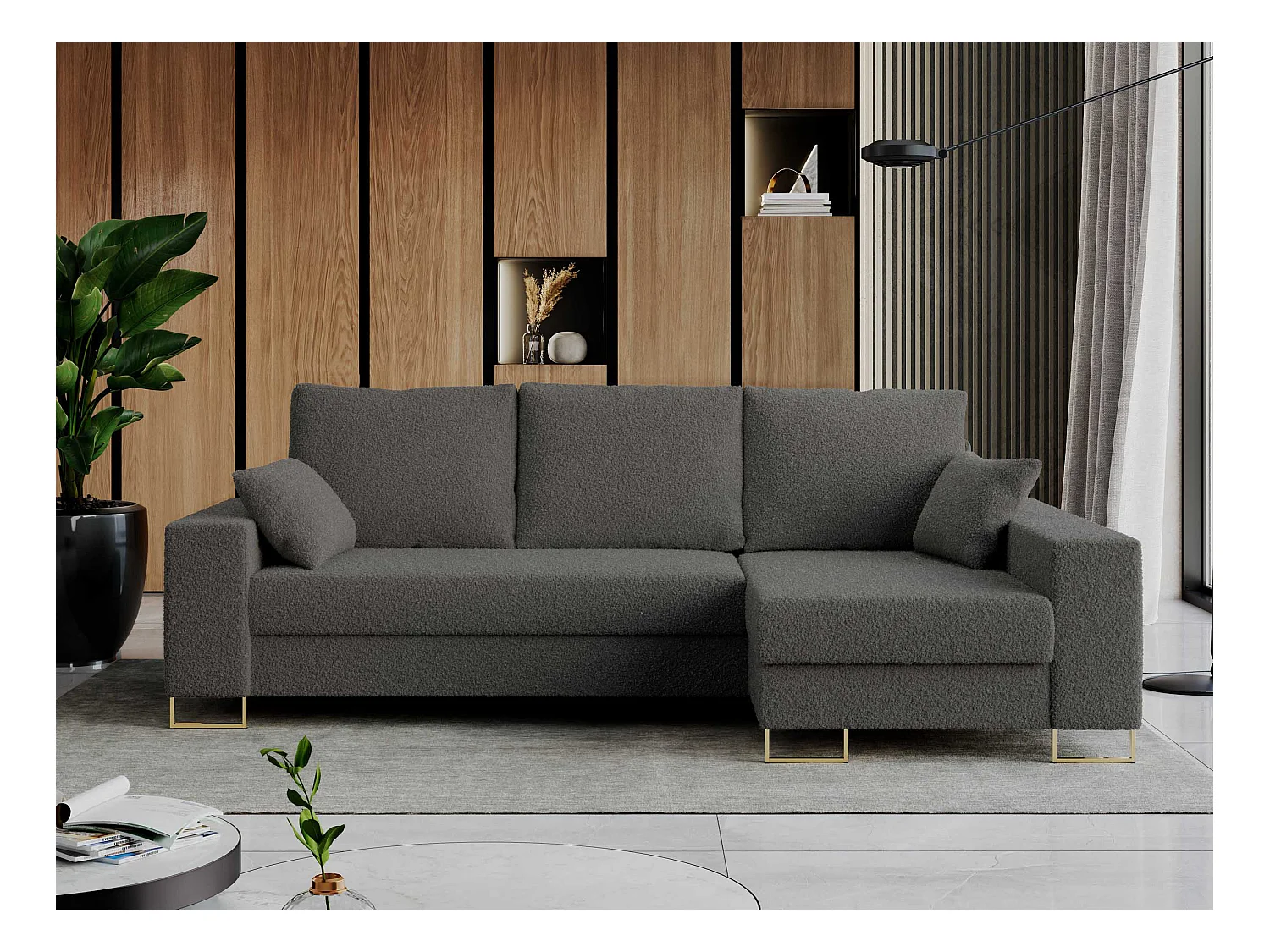 Ecksofa DORIAN - schlaffunktion und Bettkasten, lose Kissen - Dunkelgrau Boucle