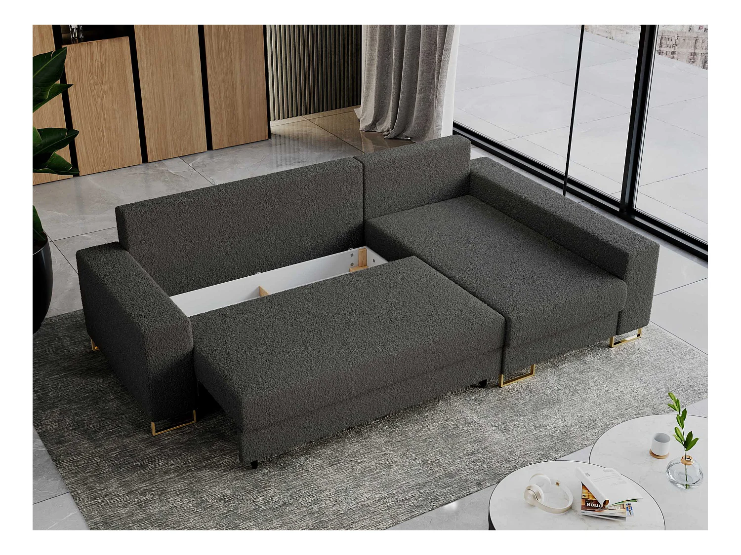 Ecksofa DORIAN - schlaffunktion und Bettkasten, lose Kissen - Dunkelgrau Boucle