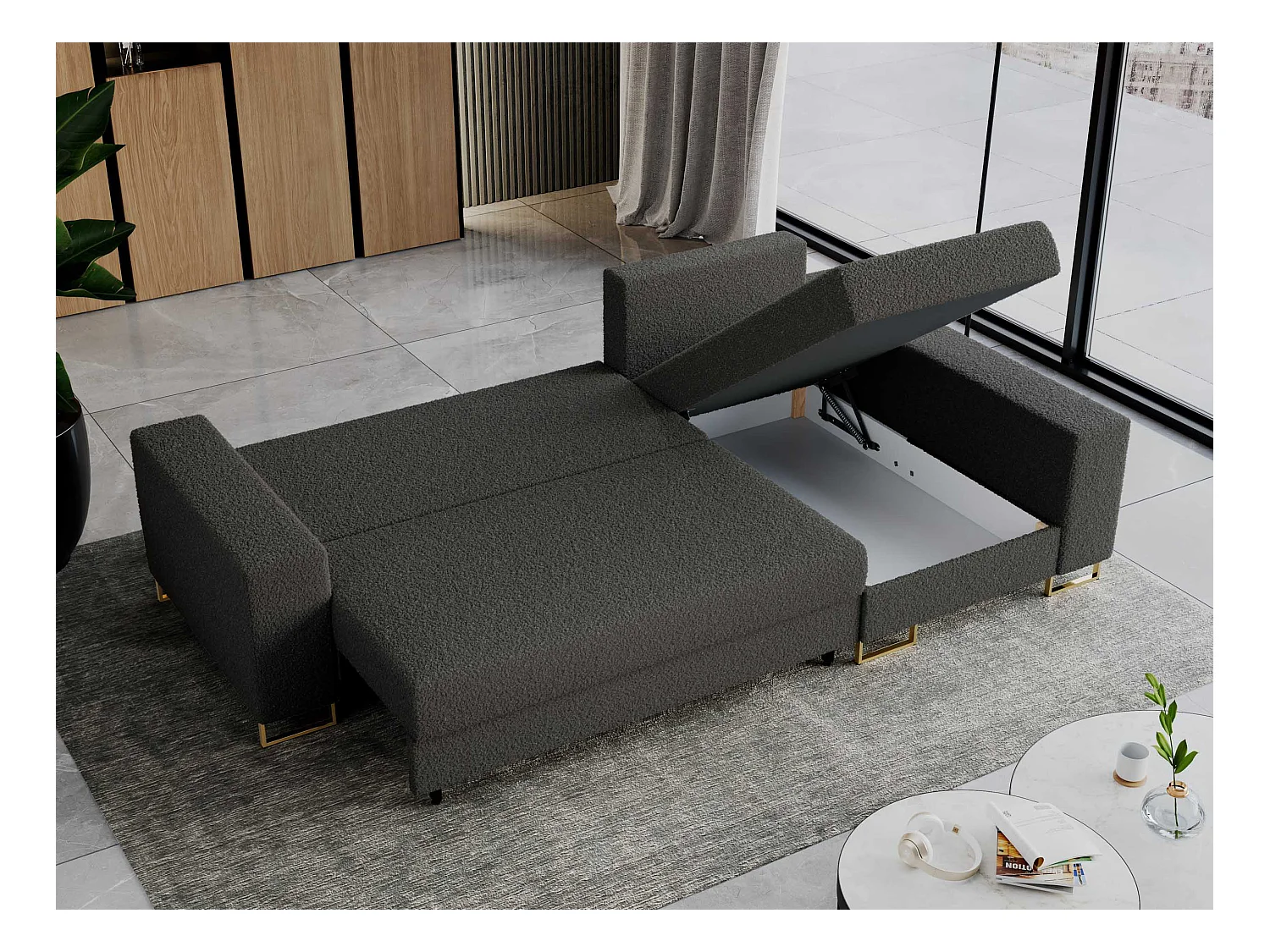 Ecksofa DORIAN - schlaffunktion und Bettkasten, lose Kissen - Dunkelgrau Boucle