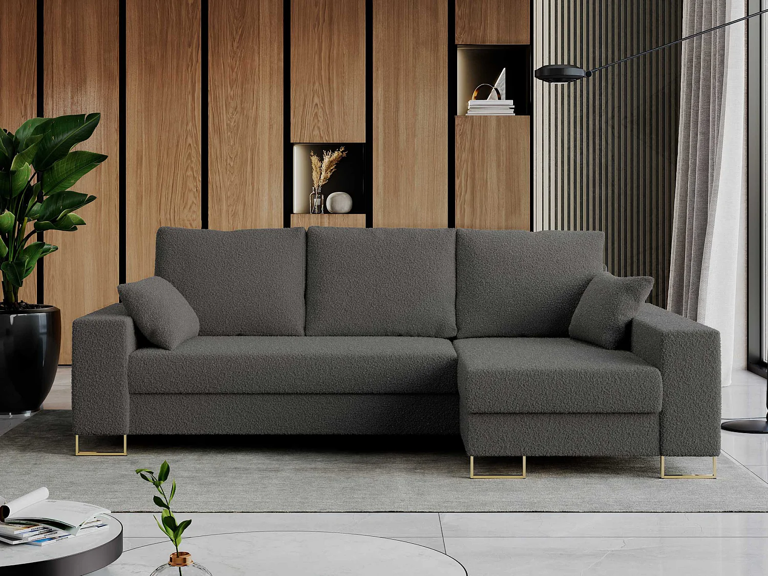 Ecksofa DORIAN - schlaffunktion und Bettkasten, lose Kissen - Dunkelgrau Boucle