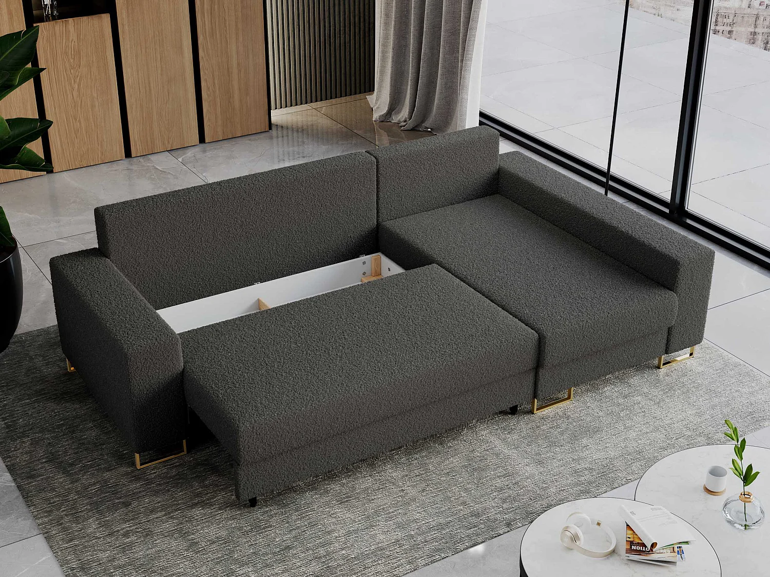 Ecksofa DORIAN - schlaffunktion und Bettkasten, lose Kissen - Dunkelgrau Boucle