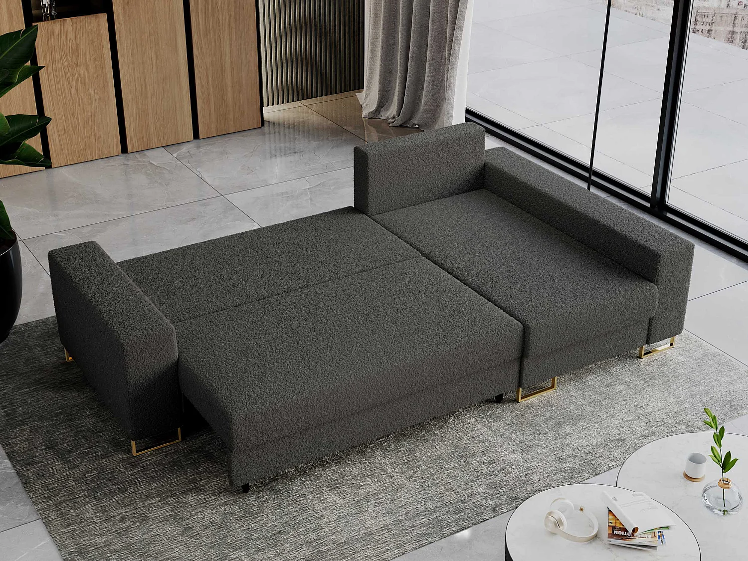 Ecksofa DORIAN - schlaffunktion und Bettkasten, lose Kissen - Dunkelgrau Boucle