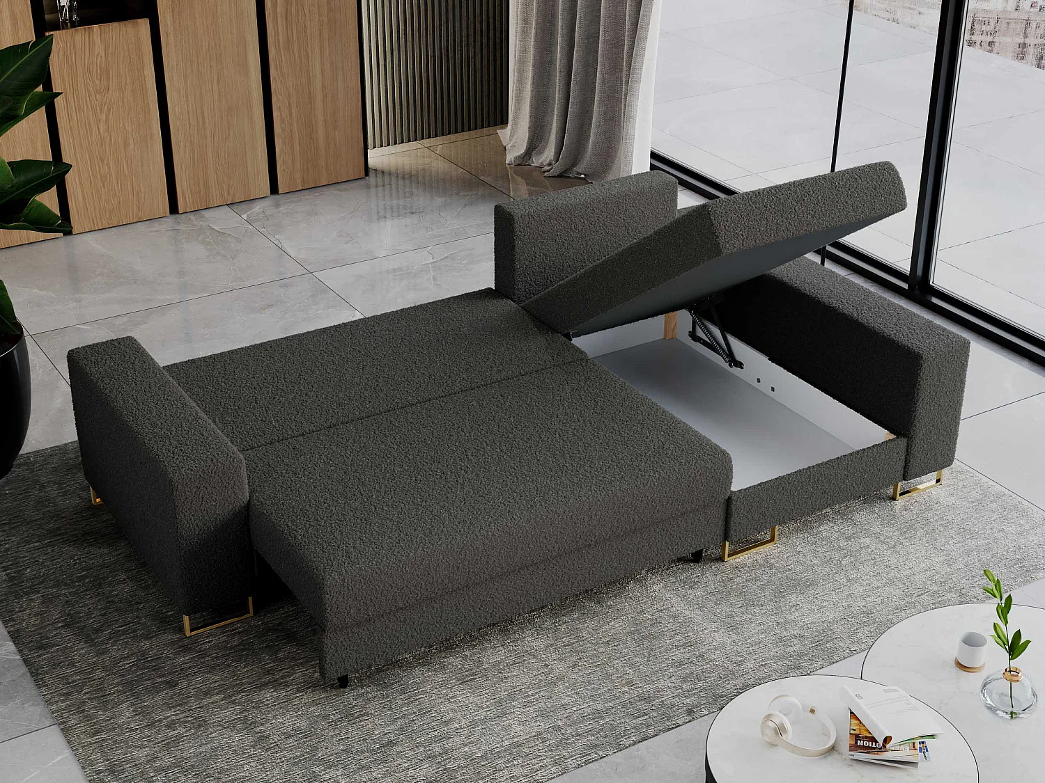 Ecksofa DORIAN - schlaffunktion und Bettkasten, lose Kissen - Dunkelgrau Boucle