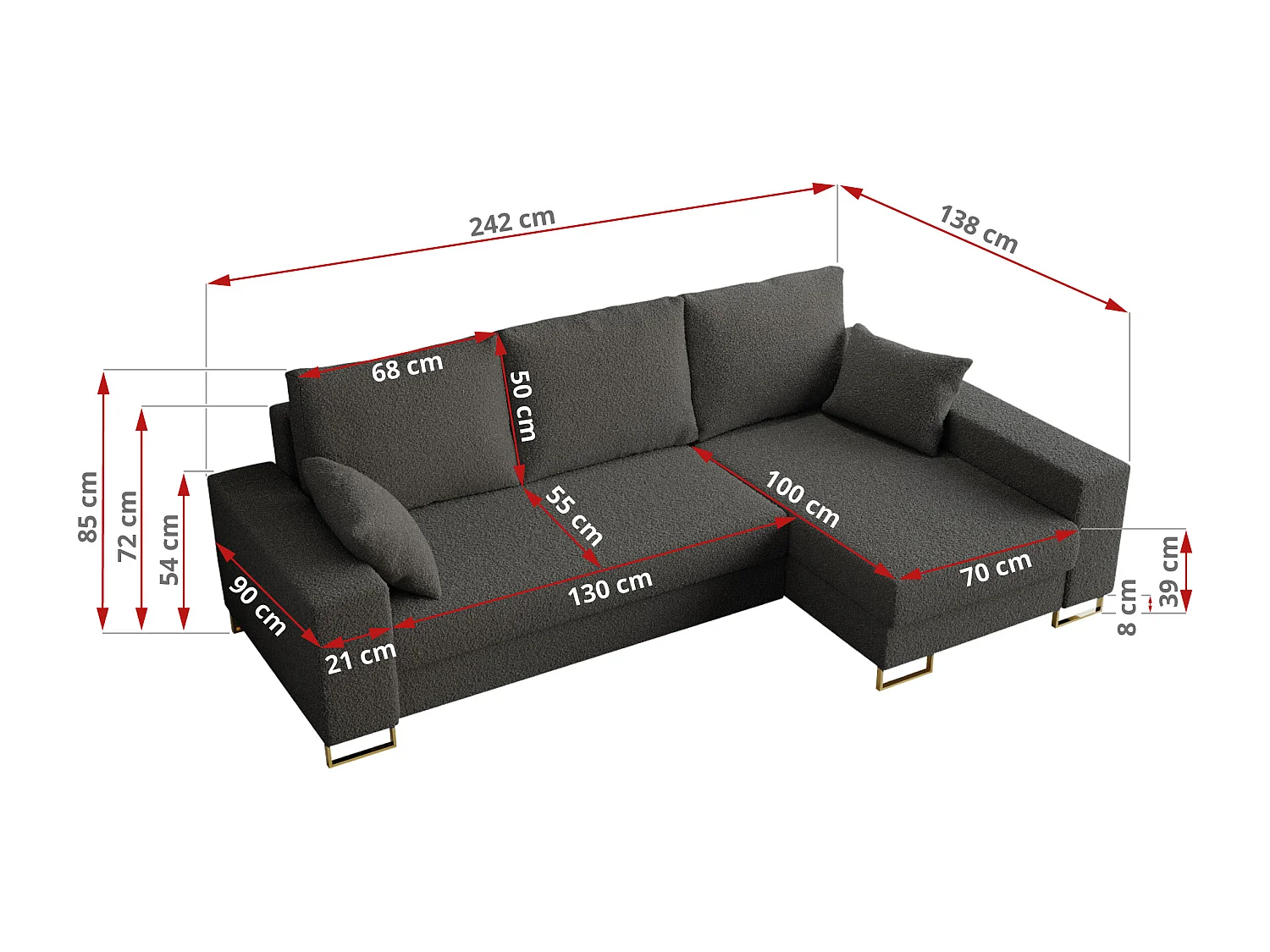Ecksofa DORIAN - schlaffunktion und Bettkasten, lose Kissen - Dunkelgrau Boucle