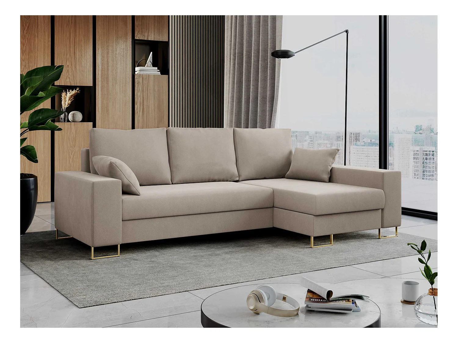 Ecksofa DORIAN - schlaffunktion und Bettkasten, lose Kissen - Beige Velvet