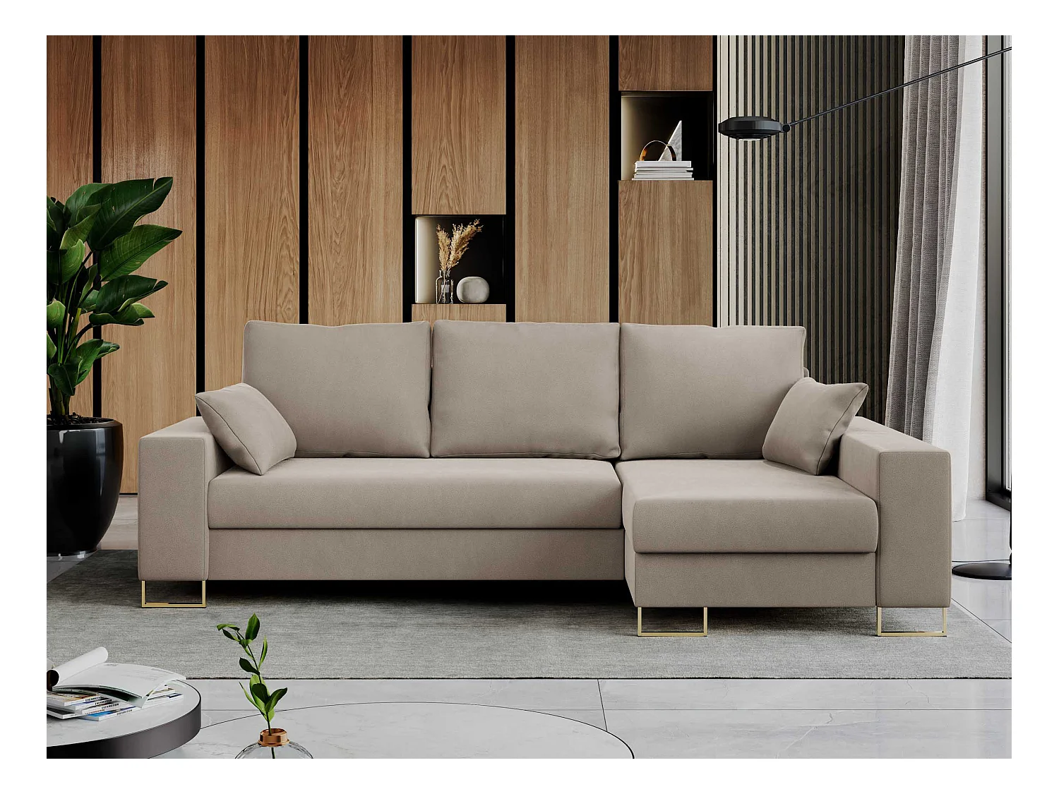 Ecksofa DORIAN - schlaffunktion und Bettkasten, lose Kissen - Beige Velvet