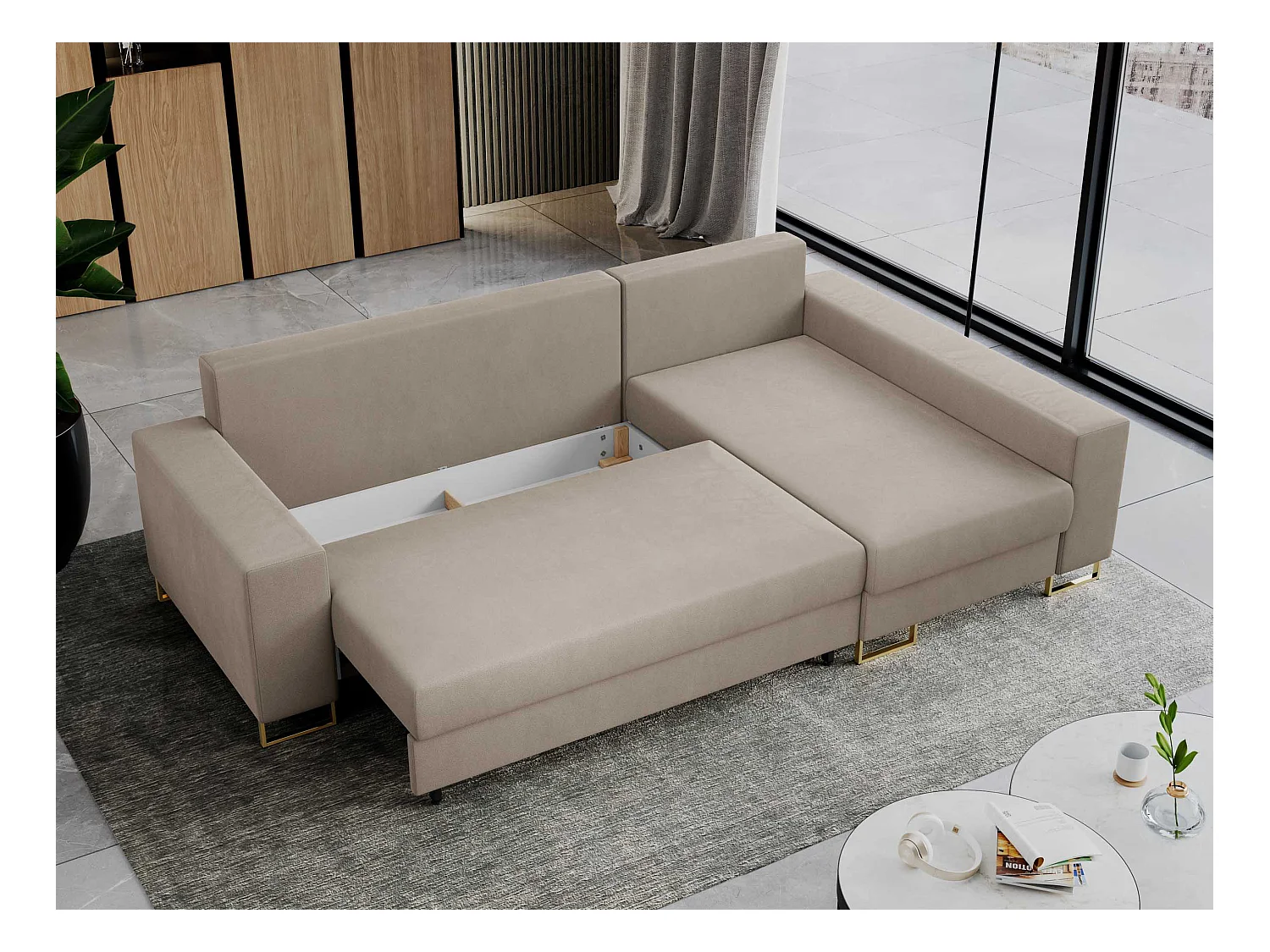 Ecksofa DORIAN - schlaffunktion und Bettkasten, lose Kissen - Beige Velvet