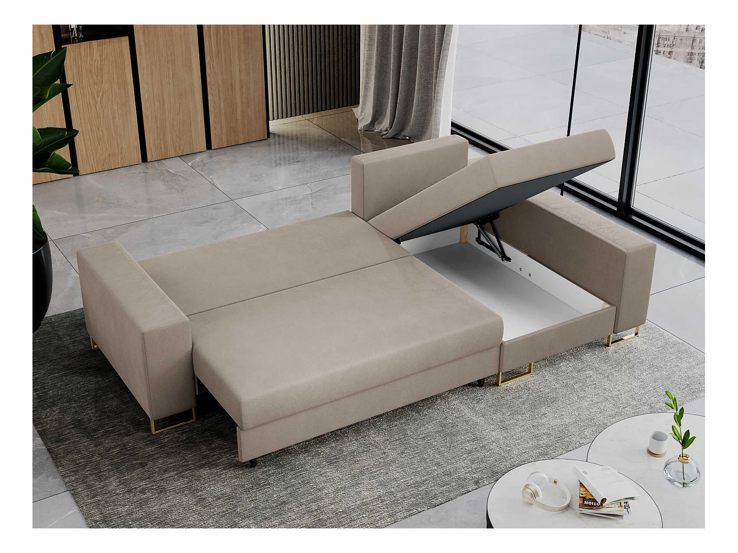 Ecksofa DORIAN - schlaffunktion und Bettkasten, lose Kissen - Beige Velvet