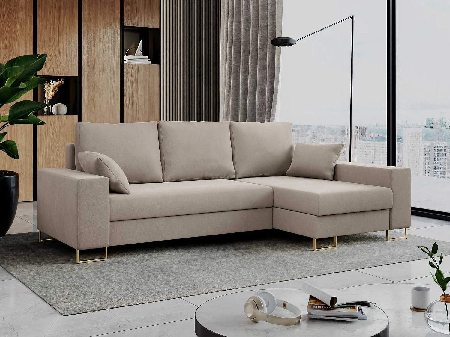 Ecksofa DORIAN - schlaffunktion und Bettkasten, lose Kissen - Beige Velvet