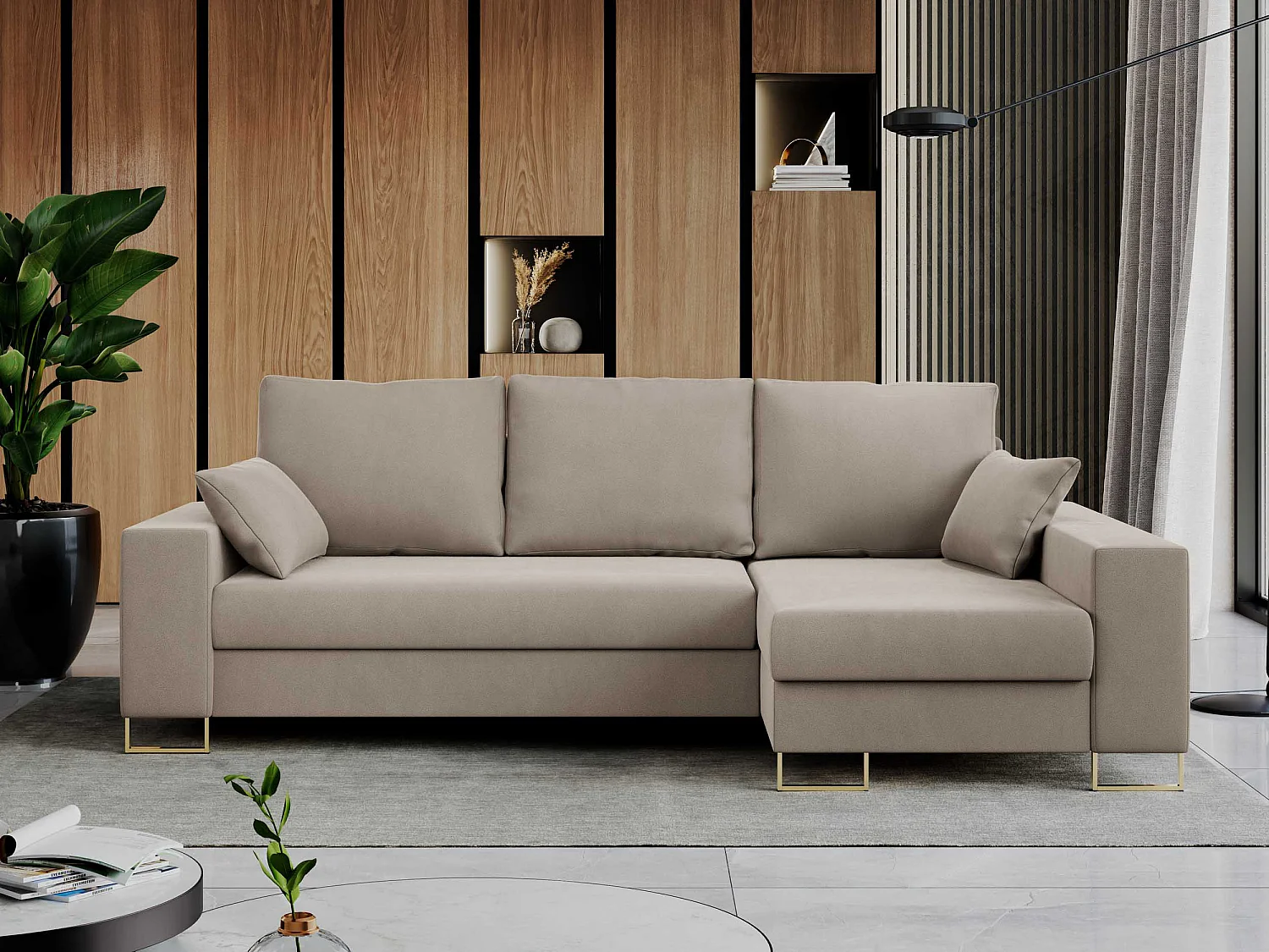 Ecksofa DORIAN - schlaffunktion und Bettkasten, lose Kissen - Beige Velvet