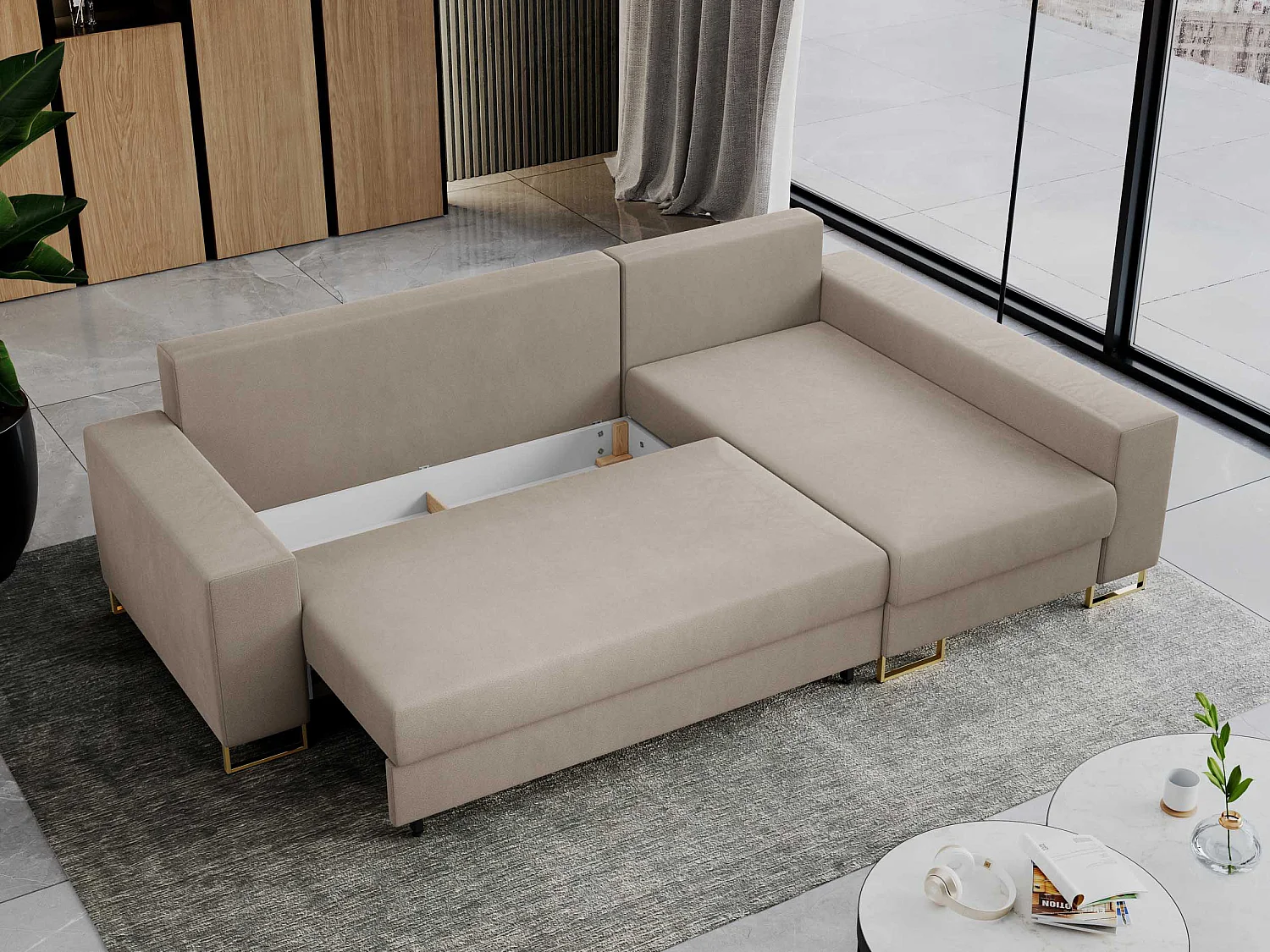 Ecksofa DORIAN - schlaffunktion und Bettkasten, lose Kissen - Beige Velvet