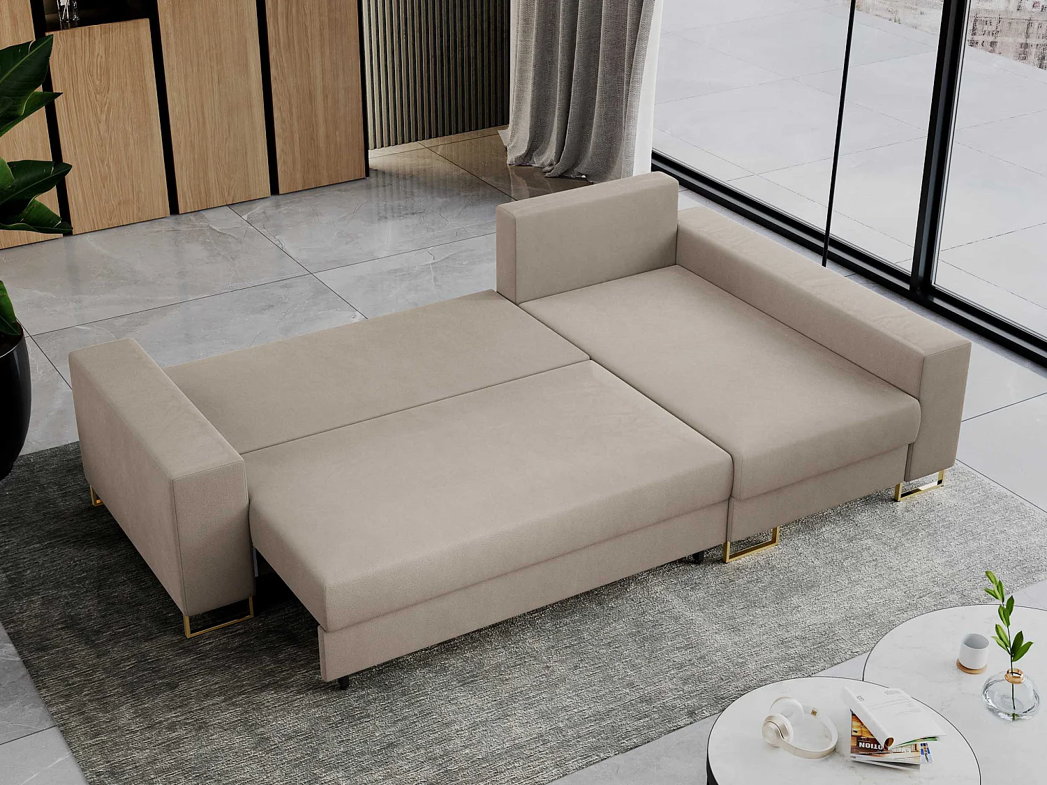 Ecksofa DORIAN - schlaffunktion und Bettkasten, lose Kissen - Beige Velvet