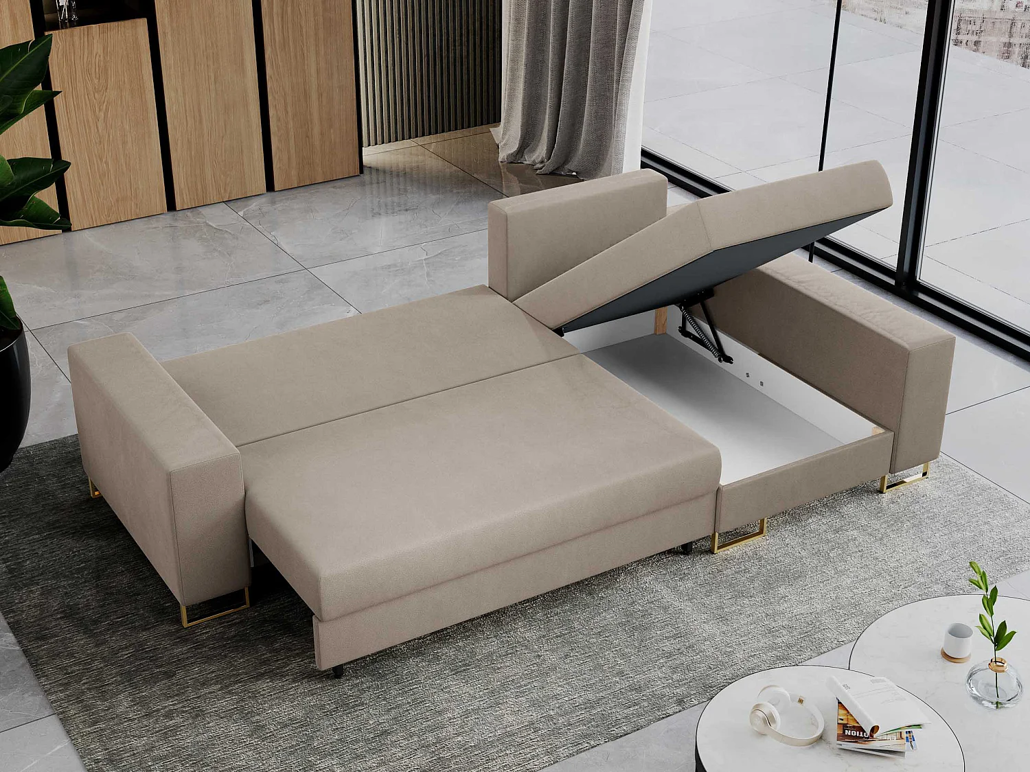 Ecksofa DORIAN - schlaffunktion und Bettkasten, lose Kissen - Beige Velvet