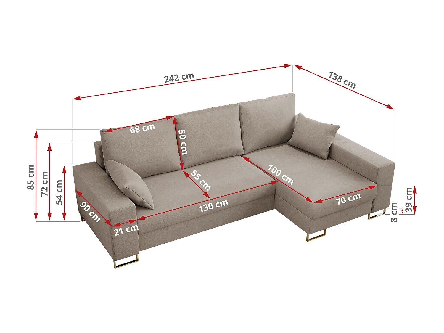 Ecksofa DORIAN - schlaffunktion und Bettkasten, lose Kissen - Beige Velvet