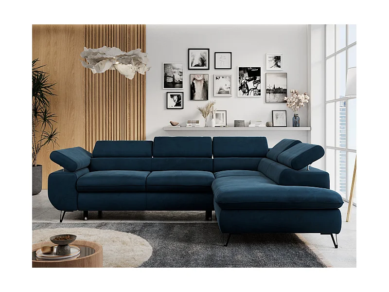 Ecksofa PETER verstellbare Kopfstütze, schlaffunktion - Dunkelblau Velvet - Ecke Rechts