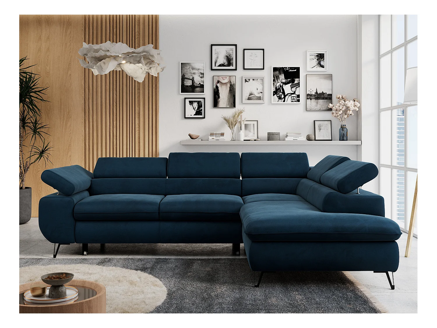 Ecksofa PETER verstellbare Kopfstütze, schlaffunktion - Dunkelblau Velvet - Ecke Rechts