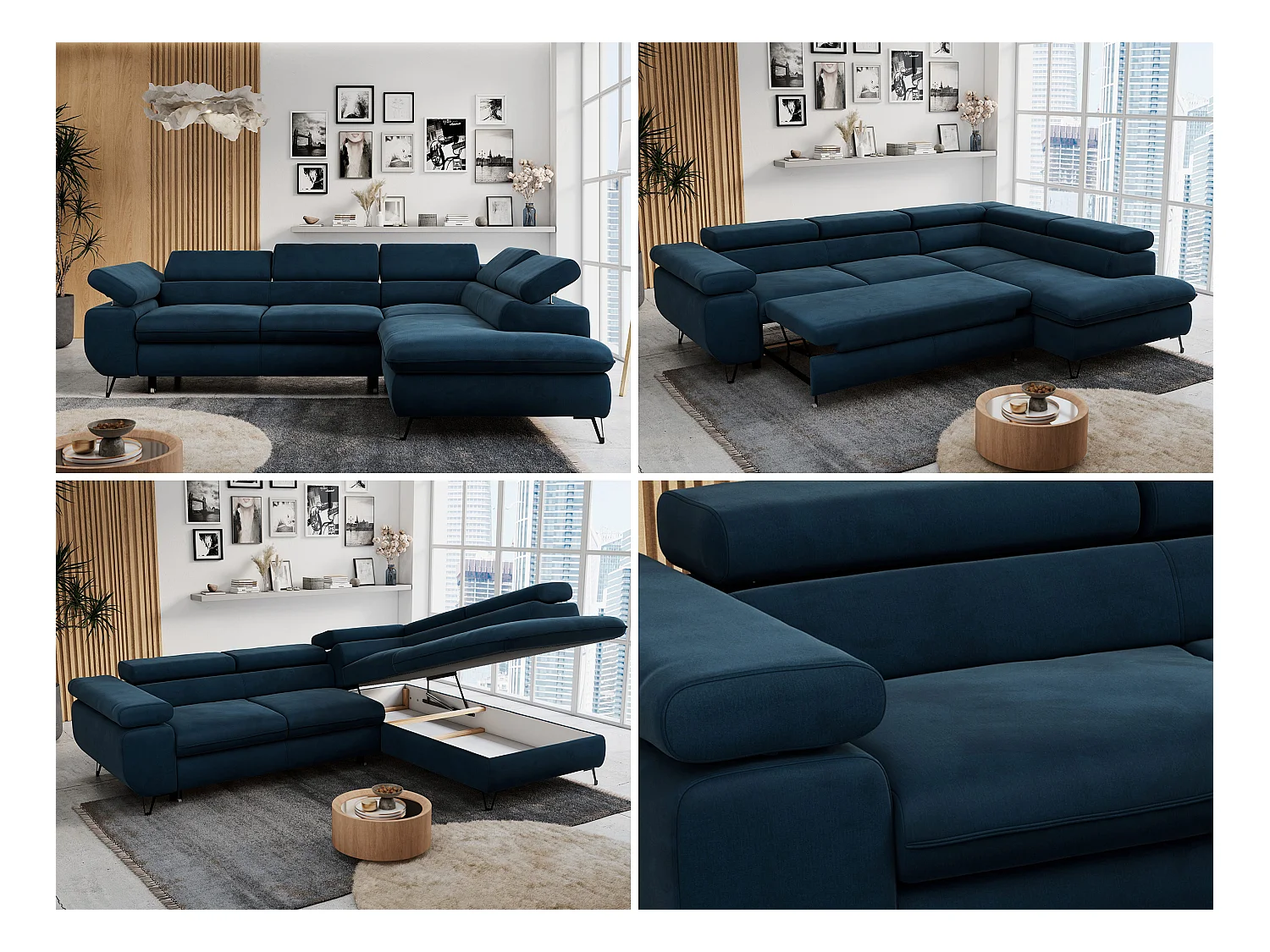 Ecksofa PETER verstellbare Kopfstütze, schlaffunktion - Dunkelblau Velvet - Ecke Rechts