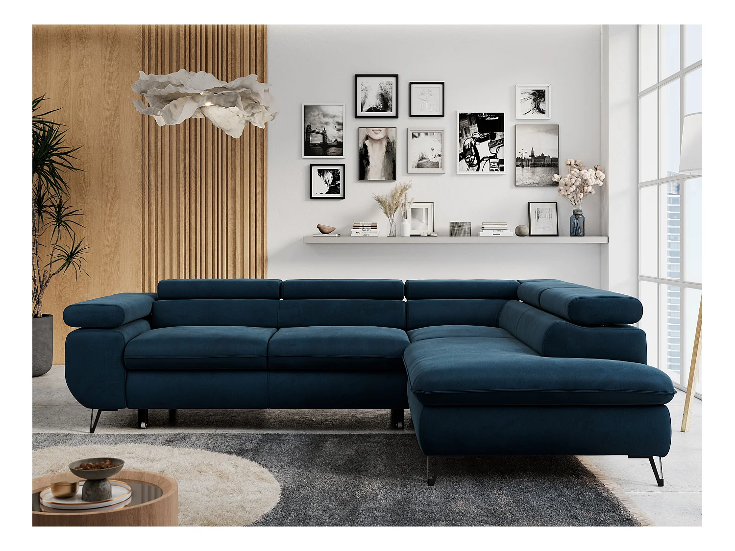 Ecksofa PETER verstellbare Kopfstütze, schlaffunktion - Dunkelblau Velvet - Ecke Rechts