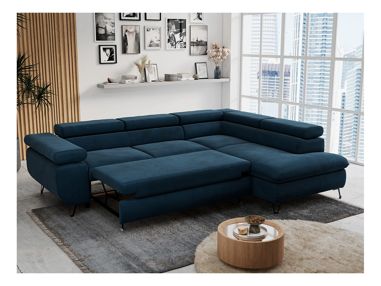 Ecksofa PETER verstellbare Kopfstütze, schlaffunktion - Dunkelblau Velvet - Ecke Rechts