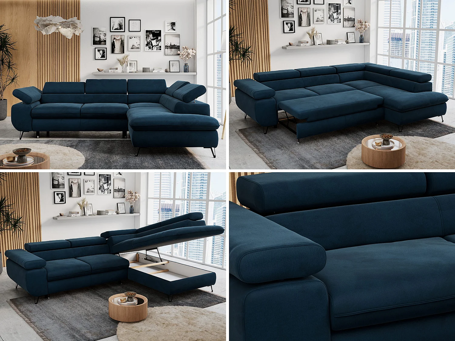 Ecksofa PETER verstellbare Kopfstütze, schlaffunktion - Dunkelblau Velvet - Ecke Rechts