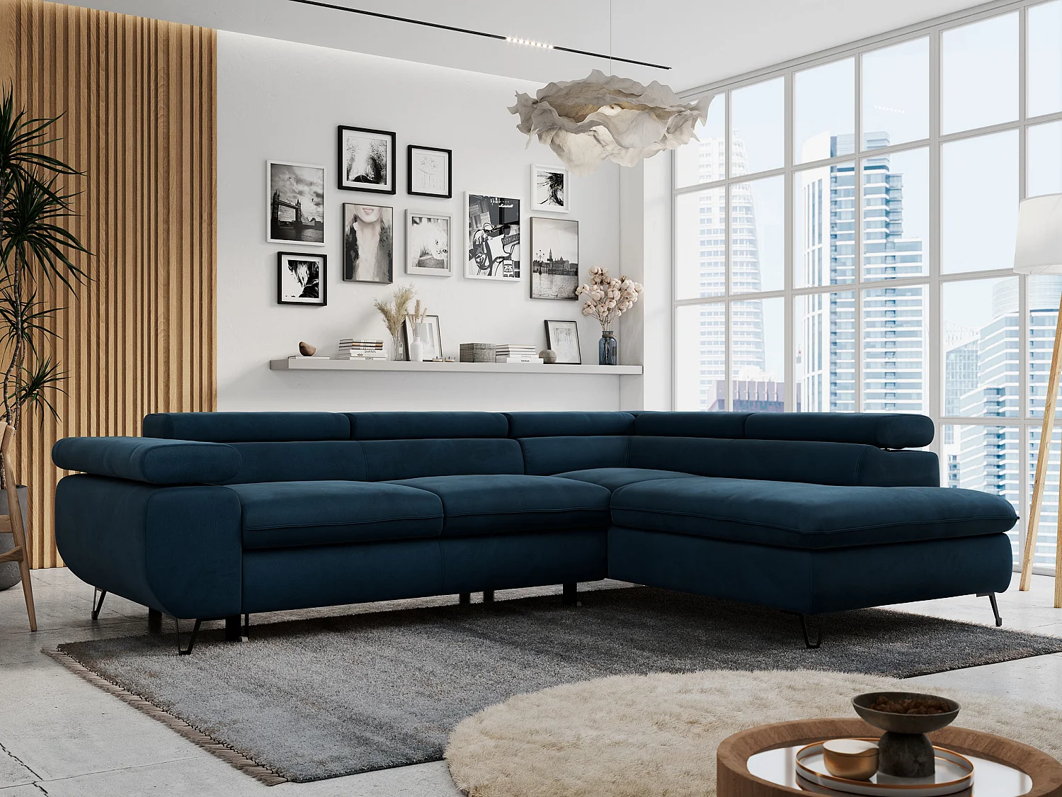 Ecksofa PETER verstellbare Kopfstütze, schlaffunktion - Dunkelblau Velvet - Ecke Rechts