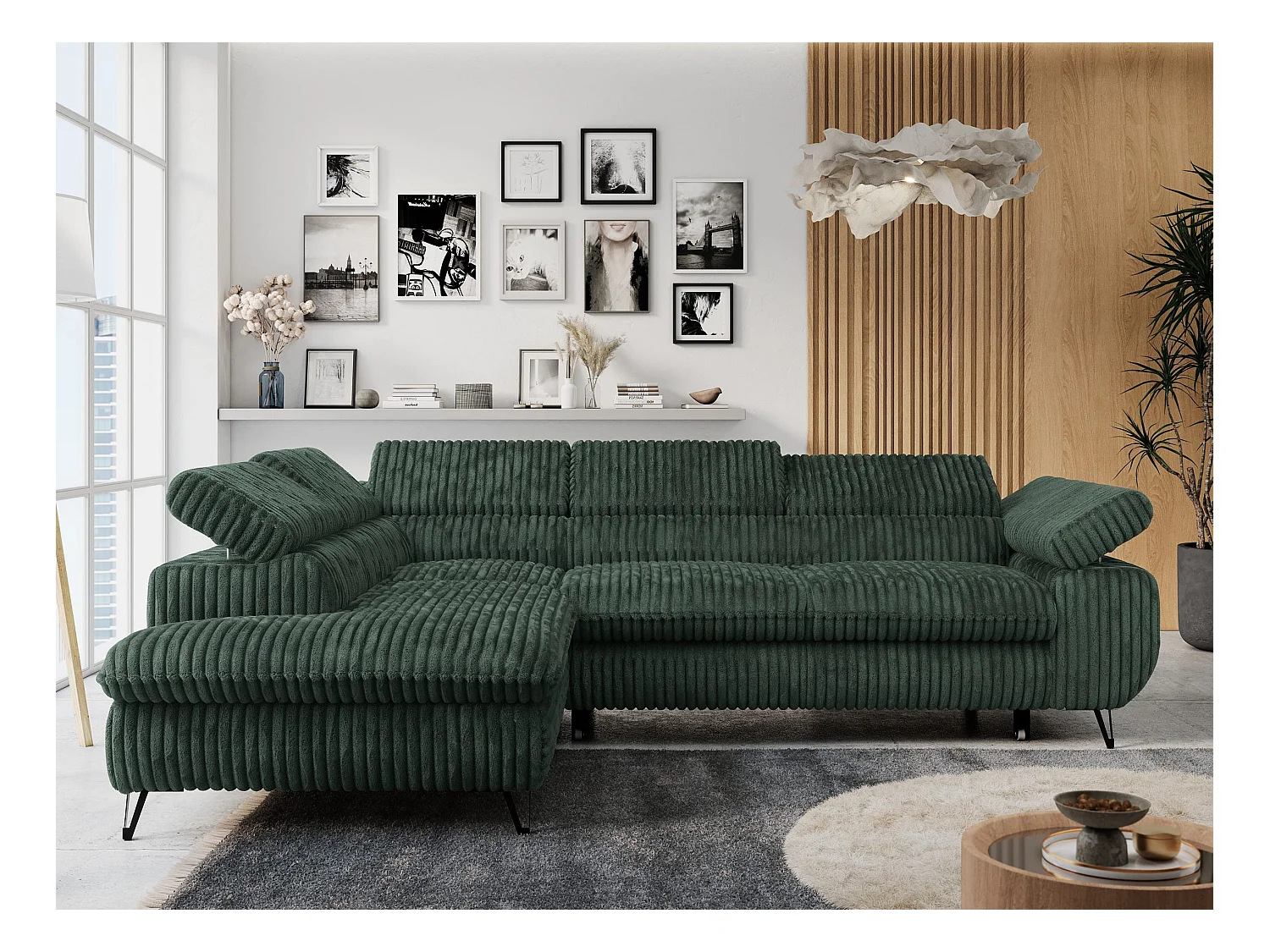 Ecksofa PETER verstellbare Kopfstütze, schlaffunktion - Grün Cord - Ecke Links