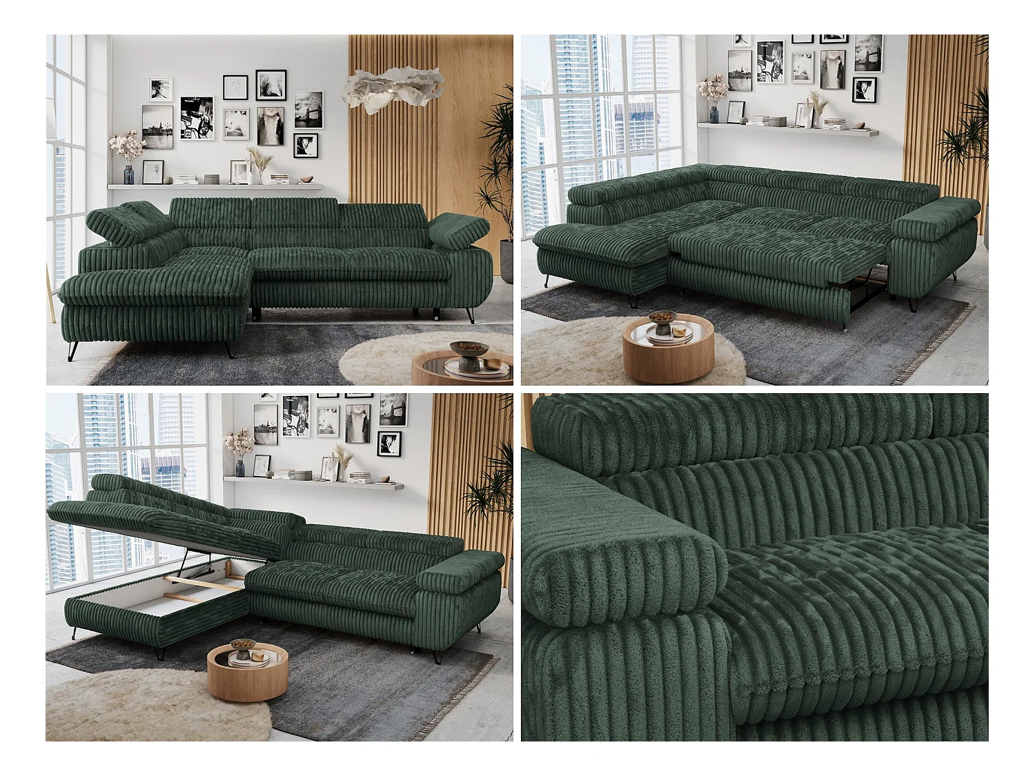 Ecksofa PETER verstellbare Kopfstütze, schlaffunktion - Grün Cord - Ecke Links