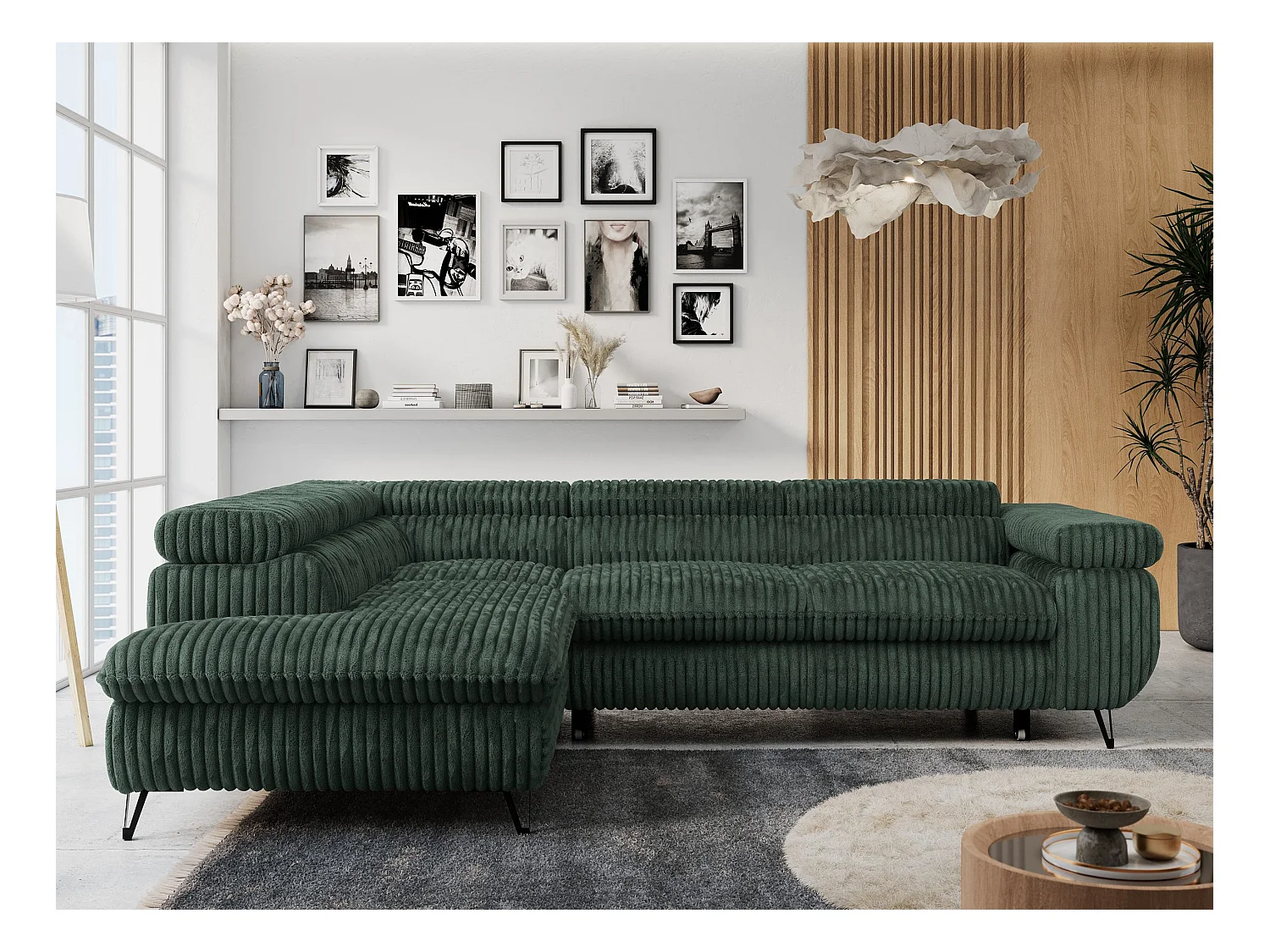 Ecksofa PETER verstellbare Kopfstütze, schlaffunktion - Grün Cord - Ecke Links