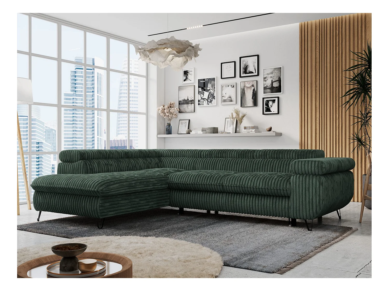 Ecksofa PETER verstellbare Kopfstütze, schlaffunktion - Grün Cord - Ecke Links