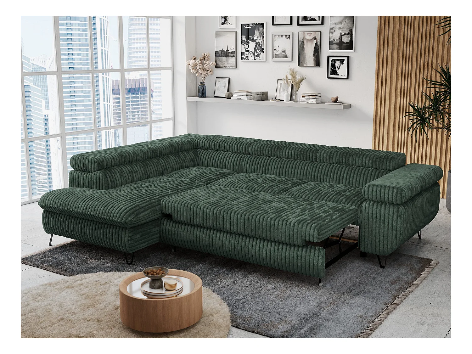 Ecksofa PETER verstellbare Kopfstütze, schlaffunktion - Grün Cord - Ecke Links