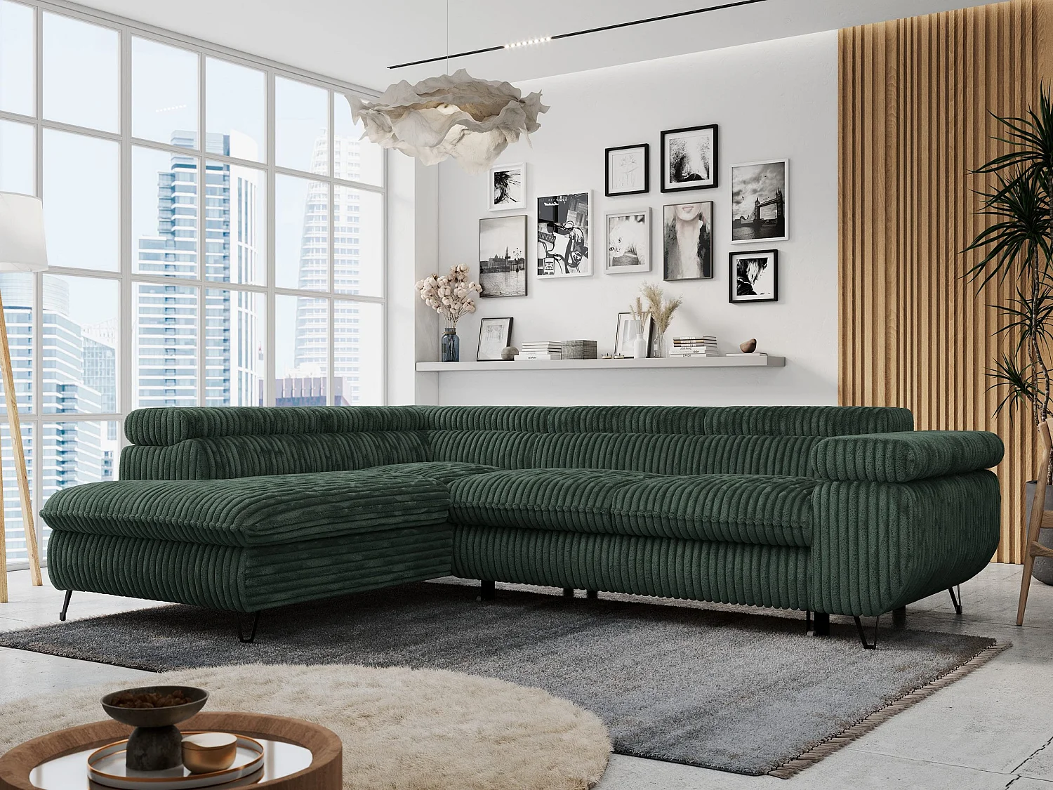 Ecksofa PETER verstellbare Kopfstütze, schlaffunktion - Grün Cord - Ecke Links