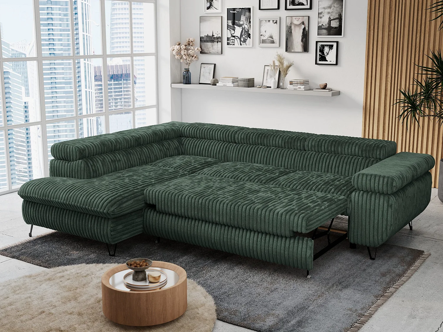 Ecksofa PETER verstellbare Kopfstütze, schlaffunktion - Grün Cord - Ecke Links