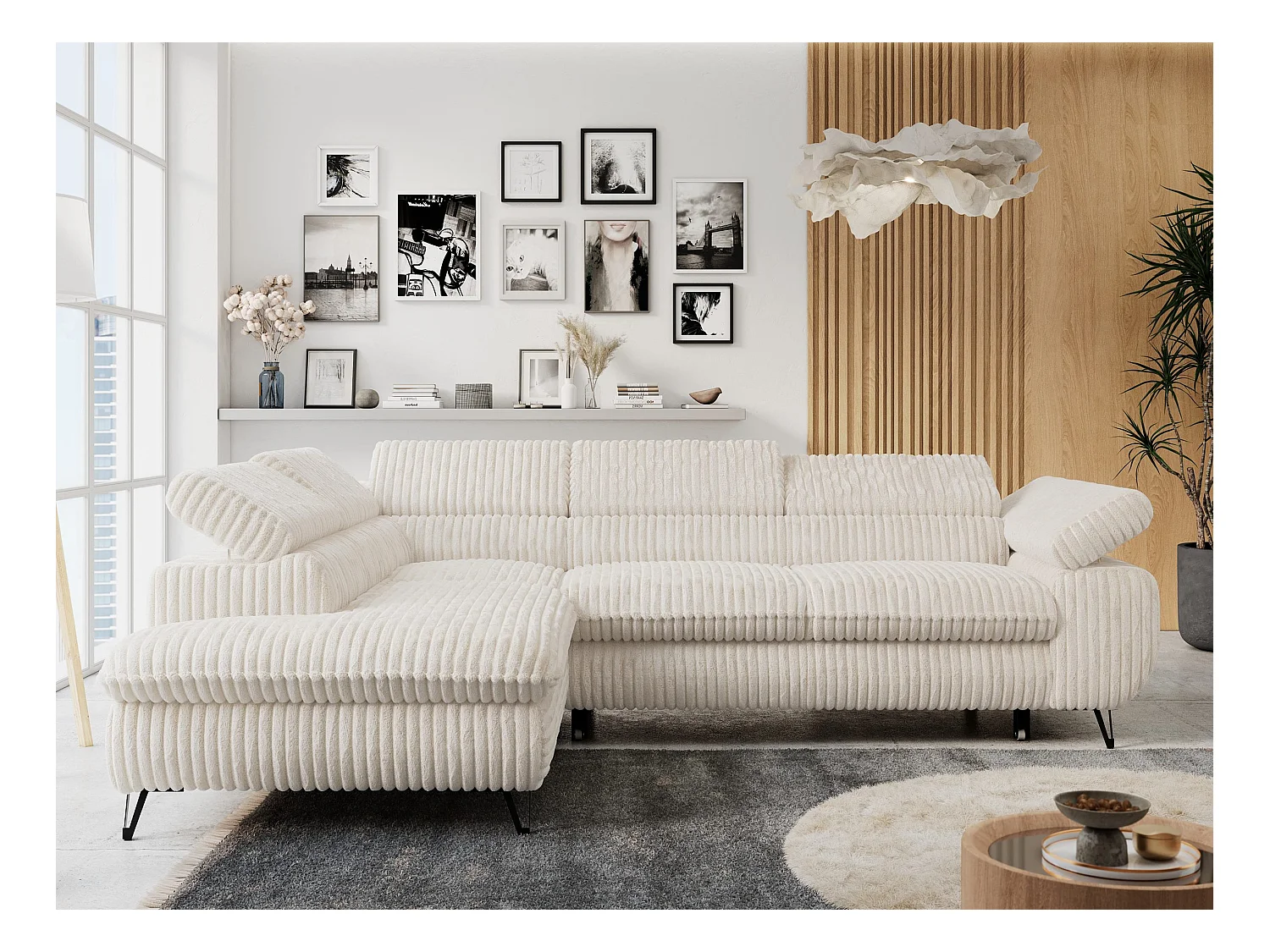 Ecksofa PETER verstellbare Kopfstütze, schlaffunktion - Beige Cord - Ecke Links