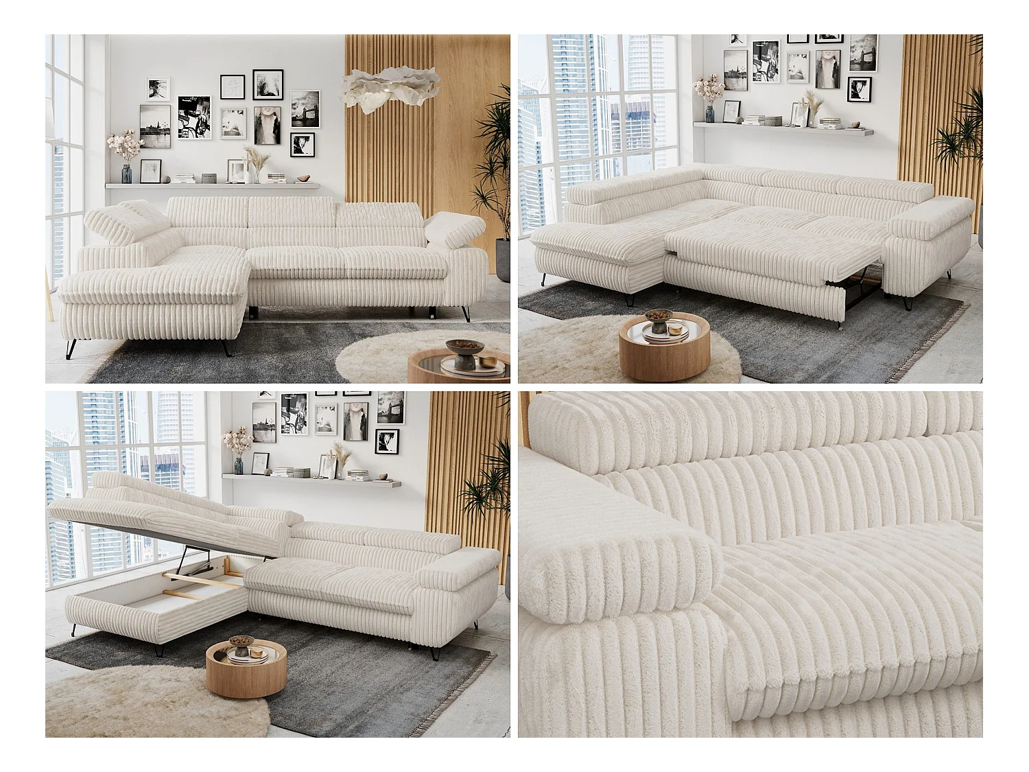 Ecksofa PETER verstellbare Kopfstütze, schlaffunktion - Beige Cord - Ecke Links