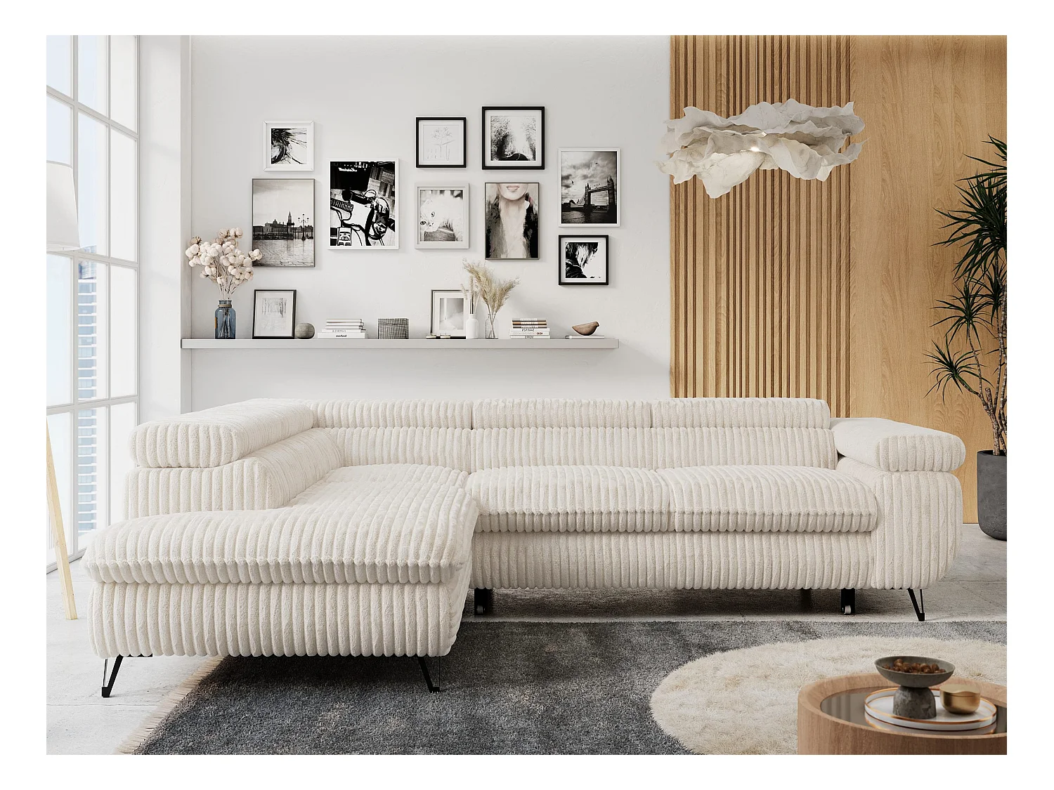 Ecksofa PETER verstellbare Kopfstütze, schlaffunktion - Beige Cord - Ecke Links