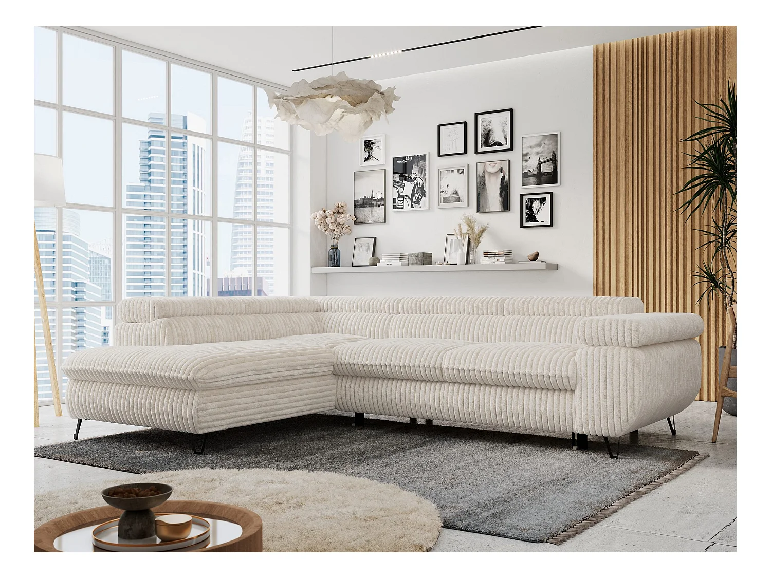 Ecksofa PETER verstellbare Kopfstütze, schlaffunktion - Beige Cord - Ecke Links